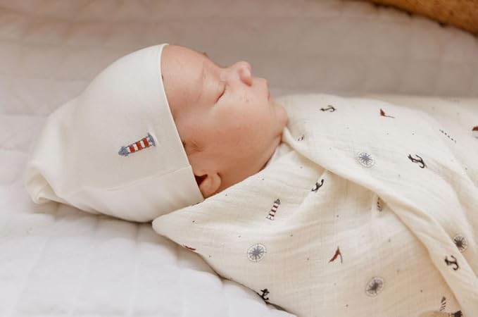 Ely's & Co. Muslin Swaddle Blankets 3-Pack for Baby Boy, 100% Cotton Muslin Extra Large Swaddle Receiving Blankets, 47”x47” (Blue-Ivory Nautical)