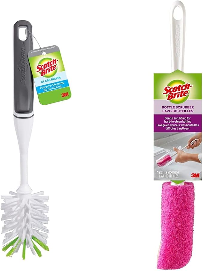 Scotch-Brite Glass and Water Bottle Brush + Scotch-Brite Water Bottle Scrubber, Safe On Multiple Types of Water Bottles, Vases, and More