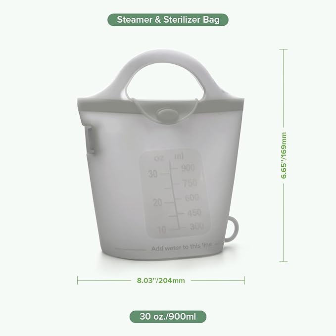 Haakaa Silicone Travel Microwave Steamer & Steriliser Bag, 30oz/900ml Reusable Silicone Steaming Bags for Baby Small Items, Pacifiers, Teethers or Baby Cups, Great for Home and On-The-Go, Grey/1PC