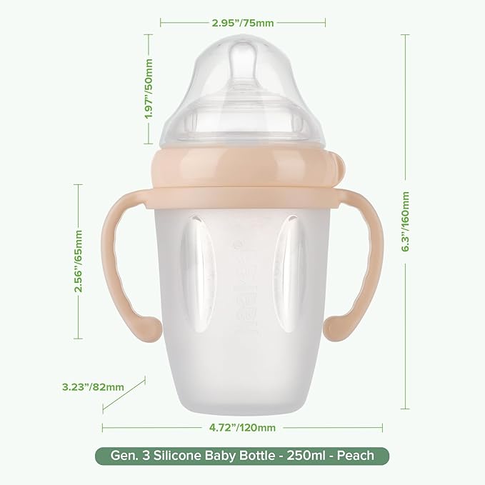 haakaa Gen. 3 Silicone Baby Bottle 250ml /8.4oz β Baby Bottles for Babies 6M+, BPA-Free Breastfeeding Baby Bottle with Natural Latch, Variable Flow Anti-Colic Silicone Baby Bottleβ Peach