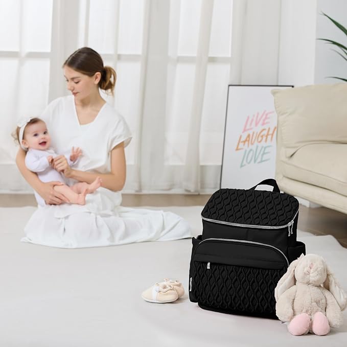 Baby Diaper Bag Backpack, Expandable Baby Bag for Girl Boy, Travel Diaper Backpack with Insulated Pocket, Changing Pad, Quilted Diaper Bag for Mom Dad, Newborn Baby Essentials Must Have Black