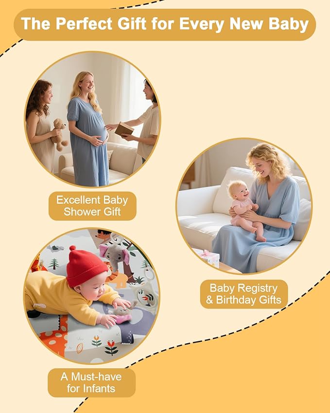 Baby Play Gym with 4 Developmental Zones – Tummy Time Mat & Activity Mat with 6 Sensory Toys, Visual Cards & Pillow – Baby Essentials & Ideal Gift for Newborns
