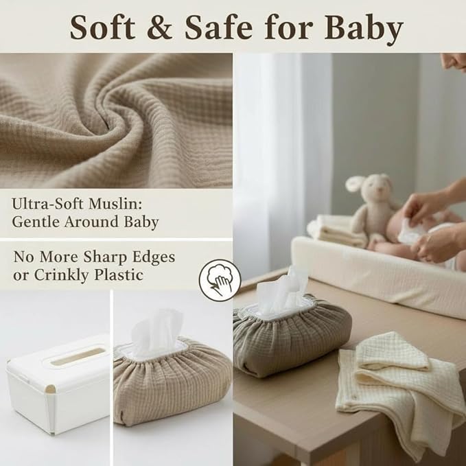 Baby Wipes Cover – Universal Size, One Size Fits All Wipes Packages | Muslin Cotton Tissue Cover for Nursery, Diaper Bag & Changing Table, Station | Gingham & Neutral Patterns (Caramel Daisy)