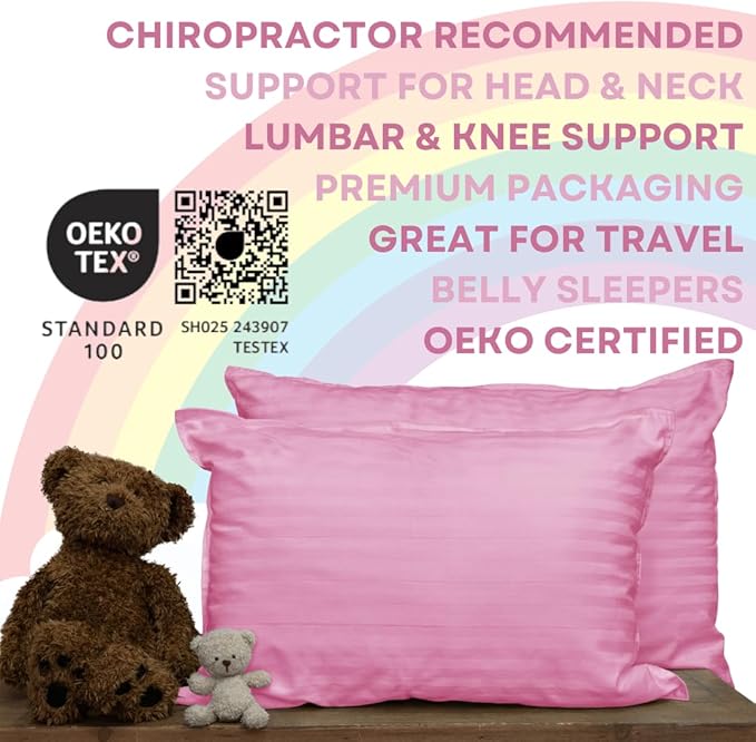 kinder Fluff Children Pillows (2X) 16x24in- The Only Twin Pillows for Kids 300T Cotton Shell & Down Alternative Fill - Ideal for Travel, Bedding Set & Floor Cushions- Pink- L