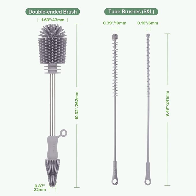 haakaa Silicone Cleaning Brush Kit - SUVA Grey - Bottle Brush for Breast Pumps, Breast Milk Collector, Baby Bottles, Nipples, Breastmilk Storage Bags