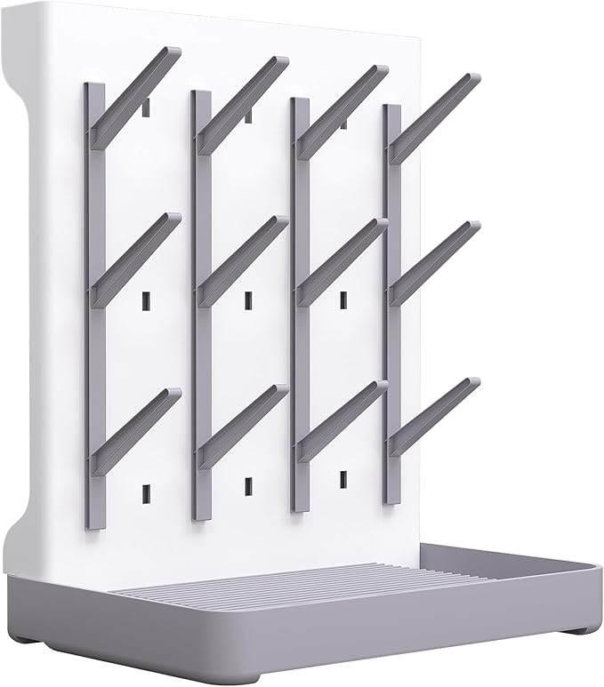 Baby Bottle Drying Rack: Vertical Space Saving Standing Bottle Organizer for Countertop – Holds Glass Baby Bottles, Utensils, Pump Parts, Brushes & Pacifiers, Kitchen (Grey)
