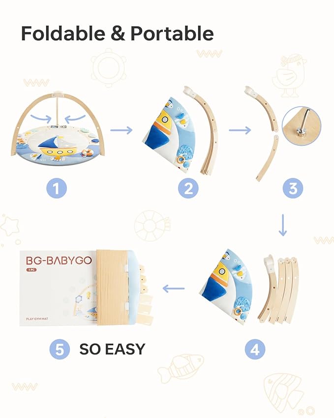 Baby Play Gym Activity Mat, 5 Developmental Zones Wooden Tummy Time Mat with 7 Detachable Sensory Toys for Motor Skills & Sensory Development, Baby Essentials Shower Gift, Easy to Install