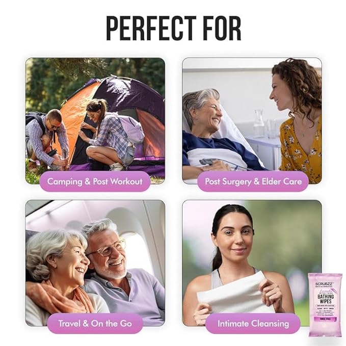 Extra Large Bath Wipes for Adults Bathing No Rinse - 80 Disposable Body Cleansing Wipes for Men, Women & Elderly - Great for Gym, Camping, Post Surgery - Shower Wipes - Lavender
