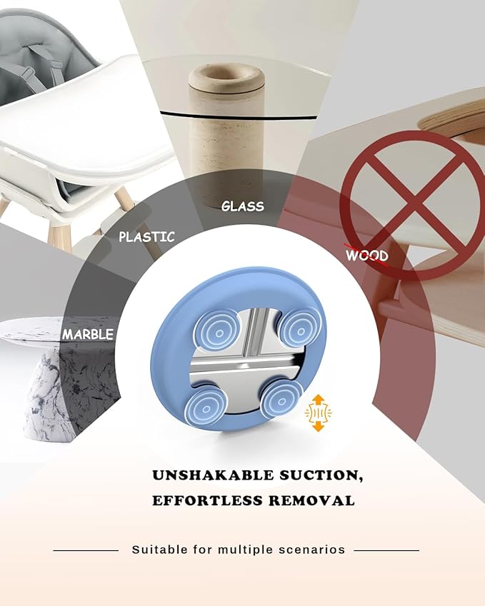 Stainless Steel Suction Plates for Toddlers, 9" Divided Kids Baby Plates with Removable Silicone Suction, Non Toxic Non Slip Portion Control Snack Dishes 3 Packs, Blue Gray Navy