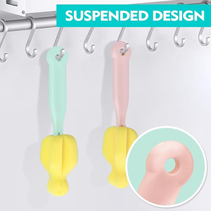 Sponge Bottle Brush 6PCS Sponge Nipple Brushes Baby Bottle Nipple Cleaning Brush Long Handle Baby Milk Bottle Brush (6PCS)