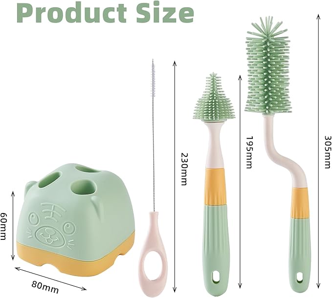 3-Pack Baby Silicone Bottle Brush Set, Bottle Cleaner, Bottle Brush with Storage Holder, Food Grade Silicone, Effortless Scrubbing, Baby Bottle Cleaning Brush (Green)