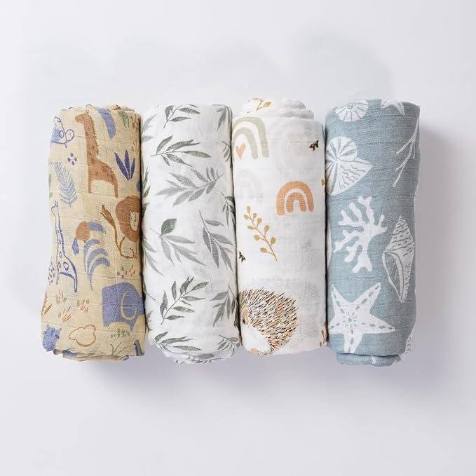 4 Set Muslin Swaddle Blankets for Newborn Baby Boys, Girls,Receiving Blankets-Cute Soft Print Baby Towel Wrap 120x110cm Baby (Animal)