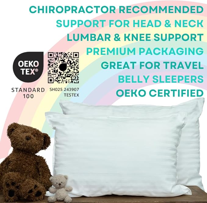 kinder Fluff Children Pillows for Bed (2X) 14x20in- The Only Kids Pillow 300T Cotton Shell & Down Alternative Fill - Travel Pillow for Children Bedding Set Sleeping Pillow Floor Bed Pillows- White- M