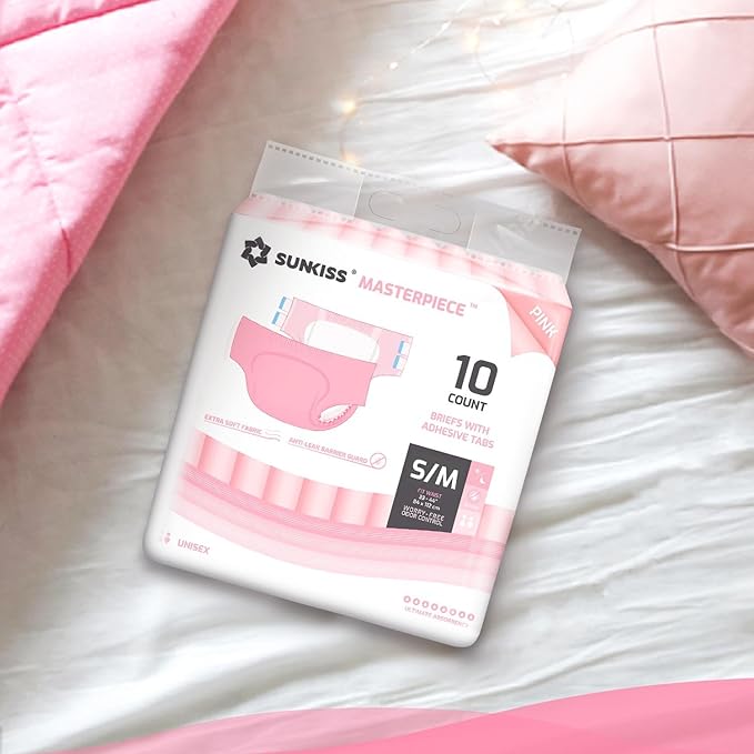 SUNKISS Masterpiece Adult Diapers with Tabs, Unisex Disposable Incontinence Briefs for Women and Men, Odor Control, Pink, Small/Medium, Previously M, 40 Count (4 Packs of 10)