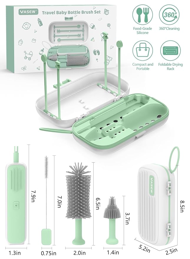 Electric Baby Bottle Brush Cleaner, Baby Travel Bottle Cleaner Kit- 2000mAh Rechargeable Silicone Brush, Drying Rack, Compact Storage Box, 360° Efficient Cleaning Bottle Brush for Home & On-The-Go