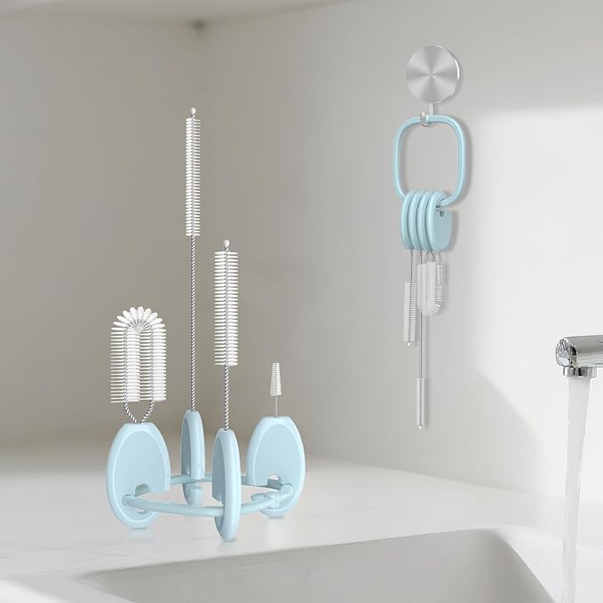 YOTIME Standing Straw Cleaner Brush Set, 4in1 Reusable Straw Brushes with Holder Ring, for Baby Bottles, Sippy Cups and Lids, Blue