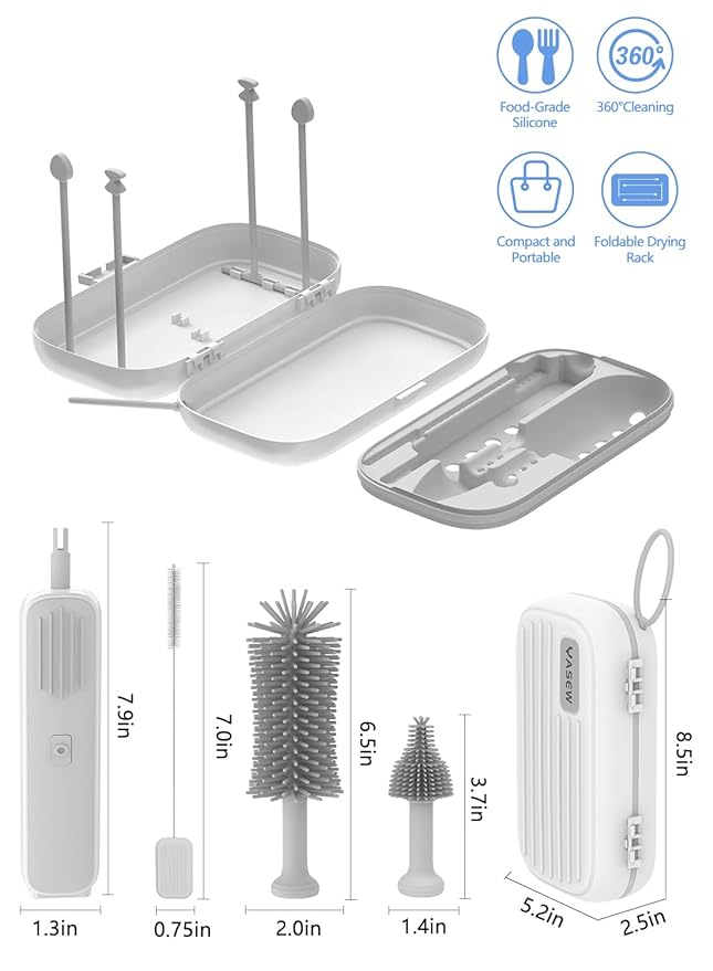 Electric Baby Bottle Brush Cleaner - Baby Bottle Brush Travel Essential, Safe BPA-Free Silicone, One Button 360° Efficient Cleaning, Long-Lasting 2000 mAh Battery, Storage Box for Travel (Grey)