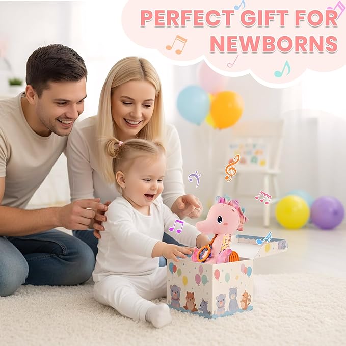 Baby Toys 0-6 Months,Infant Musical Seahorse Stuffed Animals Sensory Toys with Bright Colors,Multiple Textures,Rattles & Crinkle Sound Paper,Soft Tummy Time Toy for Newborn Boys Girls 0-12 Months-Pink