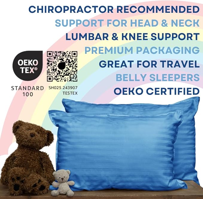 kinder Fluff Children Pillows (2X) 16x24in- The Only Twin Pillows for Kids 300T Cotton Shell & Down Alternative Fill - Ideal for Travel, Bedding Set & Floor Cushions- Blue- L