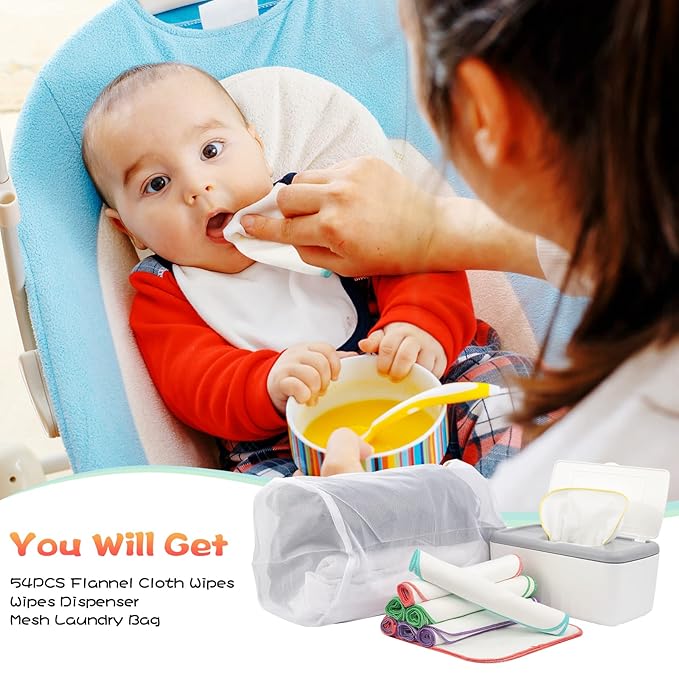 54 Packs Flannel Cloth Baby Wipes with Dispenser, Reusable Natural Skin-Friendly Baby Wipes, Body Face Hand Washcloth Essential for Cloth Diapers 8x8 inch