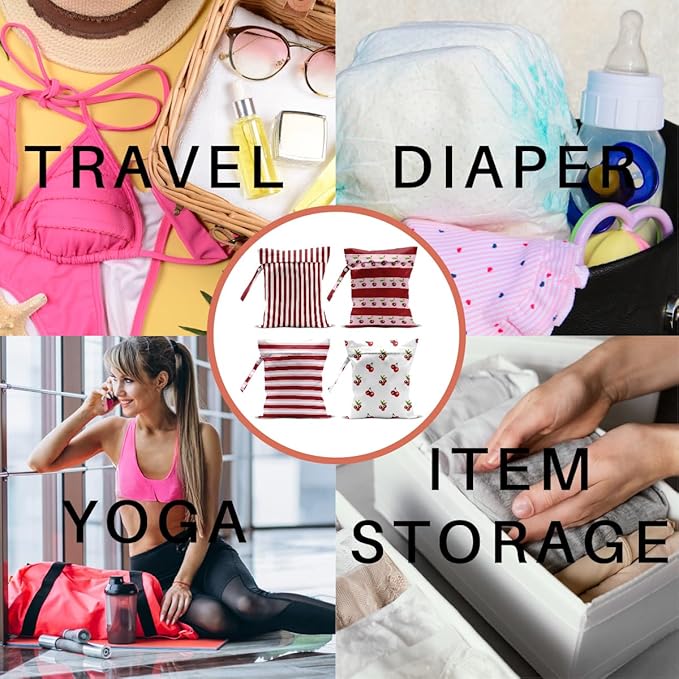 4 Pack Cute Striped Cherry Wet Bag Waterproof Washable Reusable Wet Dry Bag for Swimsuit Bathing Dirty Clothes Pump Parts Cloth Diaper Travel Beach Pool Yoga Gym Toiletries Travel Beach Essentials