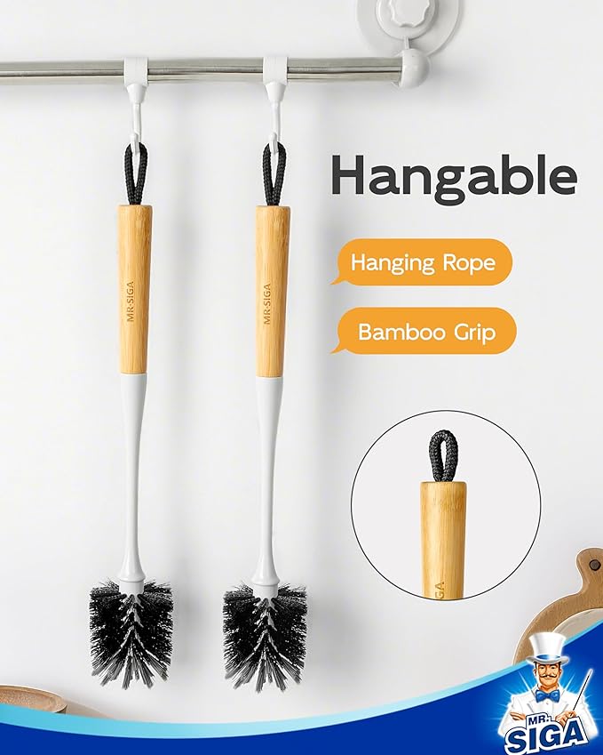 MR.SIGA Water Bottle Brush, Long Handle Bottle Brush for Water Glasses, Baby Bottles, Sports Bottles Cleaning, White, 2 Pack