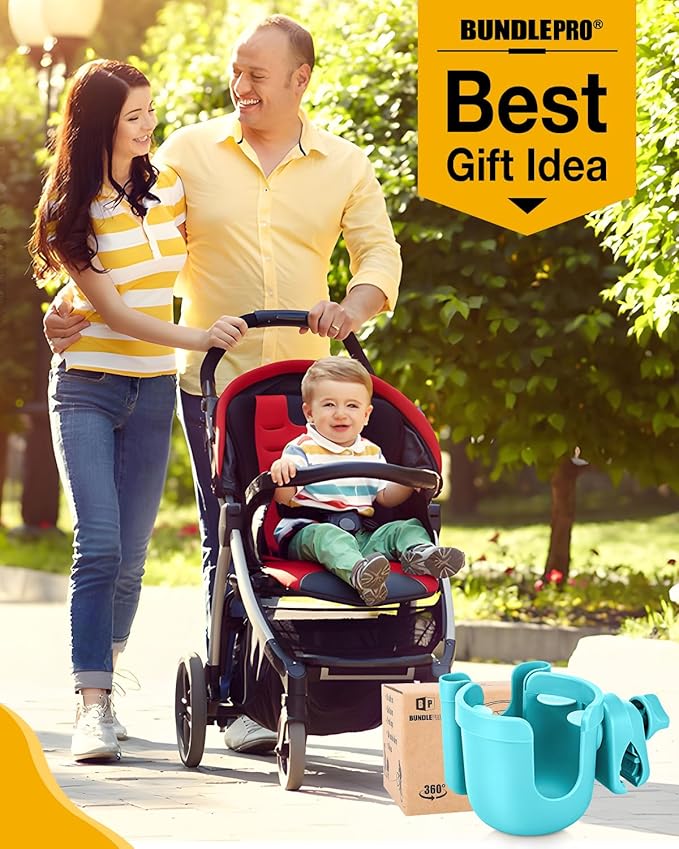 Universal Stroller Cup Holder with Mobile Phone Case, 2-in-1 Strollers Storage Rack, 360 Degrees Rotation Drink Holder for Bike, Pushchair, Wheelchair, Walker,Bicycle, Fits Most Cups (Blue)