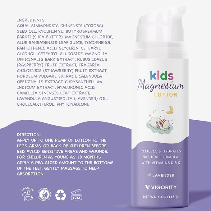 Magnesium Lotion for Kids & Babies Sleep - Bedtime Calming Body Cream with Natural Ingredients, Lavender Oil, Shea Butter & Multi Vitamins - Topical Magnesium Soothing Relief, Promotes Relaxation