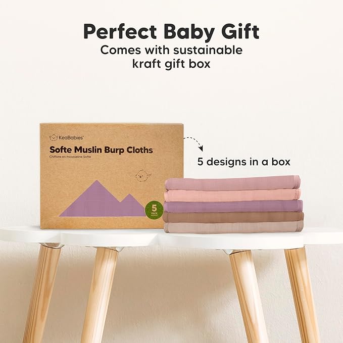 5-Pack Muslin Burp Cloths Baby Boy, Girl - Very Absorbent Baby Burp Cloth Rags, 8-Layers Viscose Derived from Bamboo Cotton Muslin Towel, Super Soft Spit Up Rags, No Shrink Washcloths (Mauve)