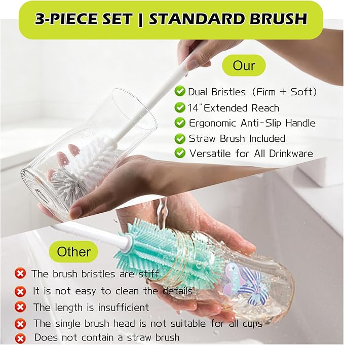 2 Pack 14 Inch Bottle Brush & 12 Inch Straw Brush Cleaner Set - Heavy Duty Kitchen Bottle Brushes for Cleaning Water Bottles, Mugs, Sippy Cups & Tumblers, Lab Use (Large)