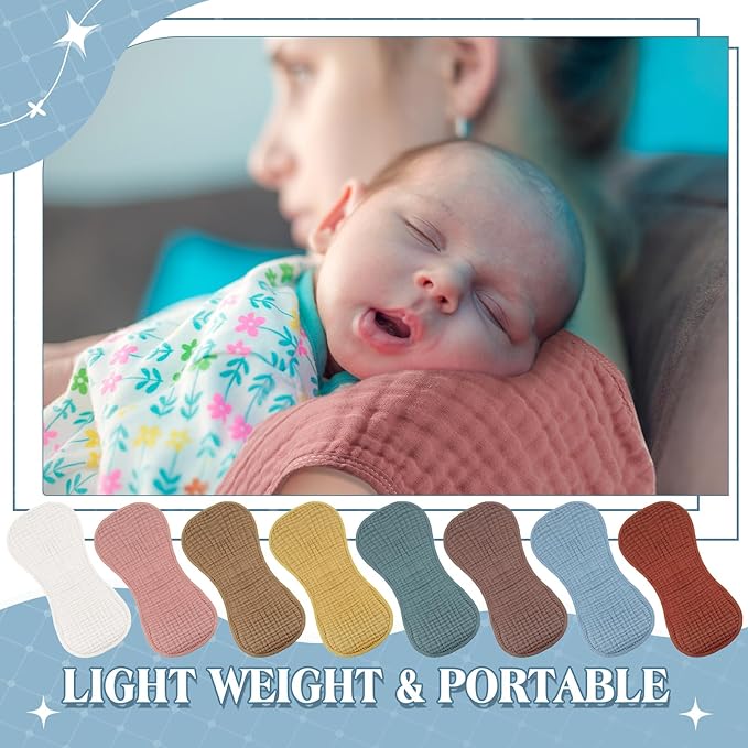 Frienda 8 Pieces Muslin Burp Cloths for Baby Cotton Burp Cloth 10 x 20 Inches Multi Colors Muslin Washcloths Diapers 4 Absorbent Layers Newborn Face Towels for Baby Boy Girl Unisex (Retro Color)