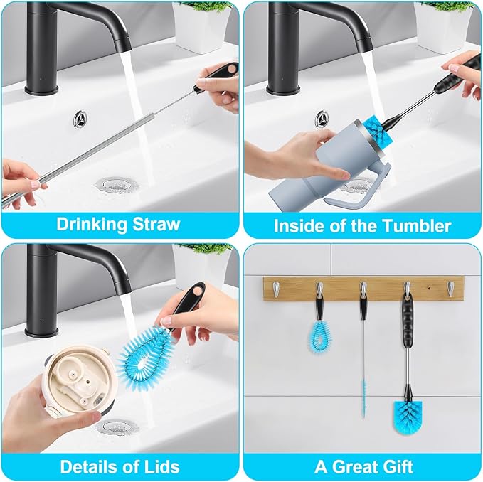 Water Bottle Cleaner Brush, Cup Cleaner Brush Set – 3-Pack 12.2” Stainless Steel Long Handle Brushes for Water Bottles, Baby Bottles, Coffee Cups, Flasks, Straws & Travel Tumblers