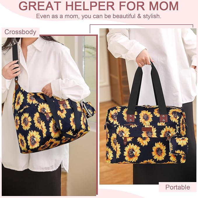 Diaper Bag Tote - Diaper Baby Bags with Pacifier Case, Shoulder Straps, Stroller Clips, Waterproof Large Mommy Bag Maternity Bag Travel Baby Bag for Mom and Dad, Sunflower