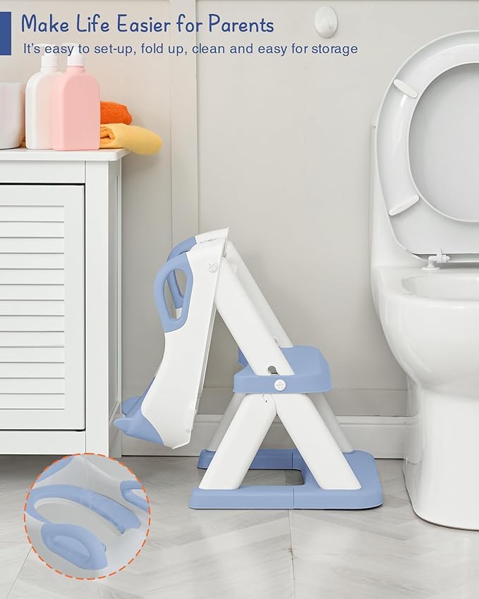 Forbena Boys Potty Training Seat with Step Stool Ladder, Toilet Potty Seat for Baby Boy Toddlers, Kids Chair Stairs with Handles and Soft Cushion (White and Blue)