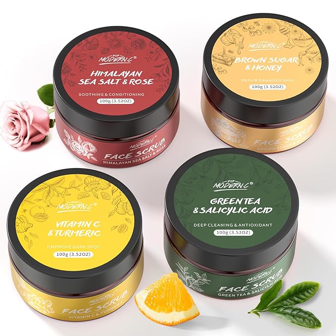 Face Scrub Gift Set Exfoliating Face Wash Microdermabrasion Facial Scrub Exfoliator Turmeric Vitamin C, Brown Sugar Honey, Green Tea Salicylic Acid, Himalayan Salt Rose Christmas Birthday Gifts 4x100g