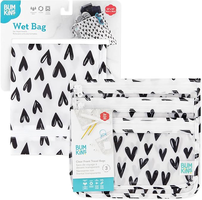 Bumkins - Waterproof Wet Bag & Clear Travel Bags - For Beach, Baby, Travel, Swim Suit, Cloth Diapers, Pump Parts, Pool, Gym, Toiletries - Reusable & Easy to Clean - Black Hearts - 4 Pack