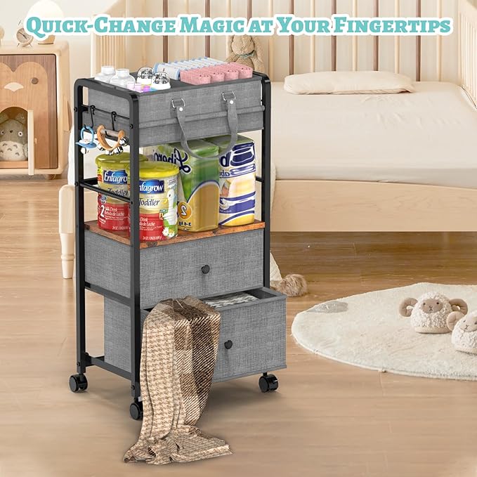 2IN1 Baby Diaper Caddy Organizer & 4-Tier Rolling Cart, Bedside Cart for Baby Essentials Nursery With Drawers, Metal Mobile Diaper Caddy Cart with Wheels, Storage Basket with Dividers for Baby Shower