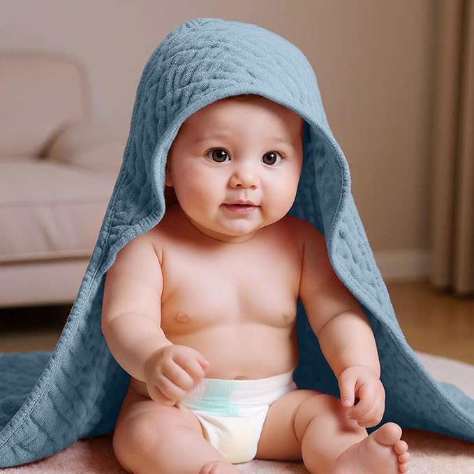 VitalCozy 6 Pcs Baby Muslin Hooded Bath Towels and Washcloths Muslin Cotton Hooded Baby Towels Absorbent Blankets for Gift Newborn Infant Shower (35 x 35 Inch,Mint Blue,Sky Blue)