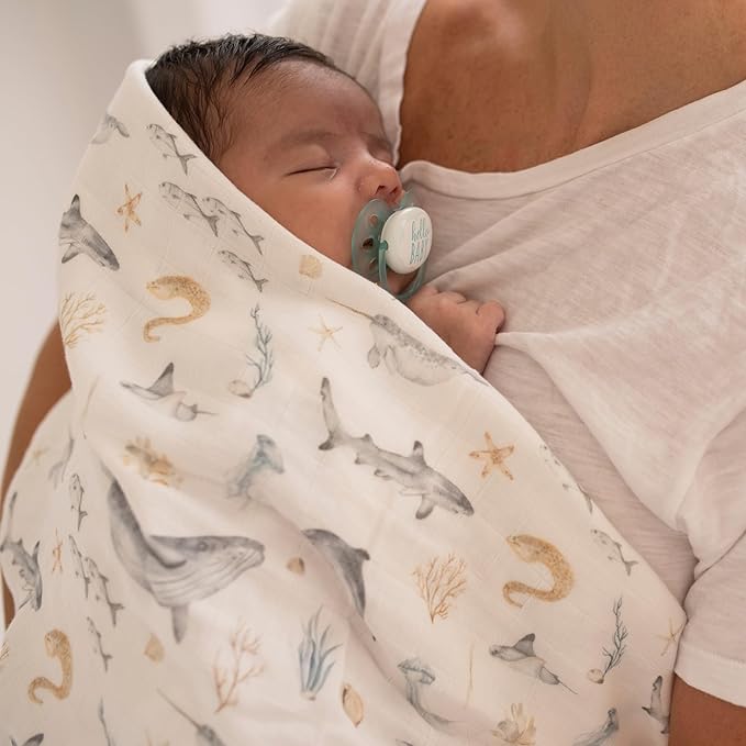 Baby Boy Muslin Swaddle Blankets for Newborns, Ocean Blue 2-Pack, Soft Viscose derived from Bamboo & Cotton Muslin Baby Blankets, 47x43, Breathable Receiving Blankets, Giftable for Newborn