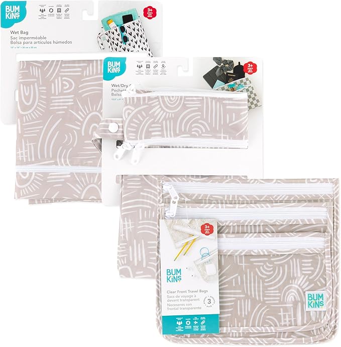 Bumkins - Waterproof Wet Bag, Wet/Dry Clutch & Clear Travel Bags - For Beach, Baby, Travel, Cloth Diapers, Pump Parts, Pool, Gym, Toiletries - Reusable & Easy to Clean - Boho Beige - 5 Pack