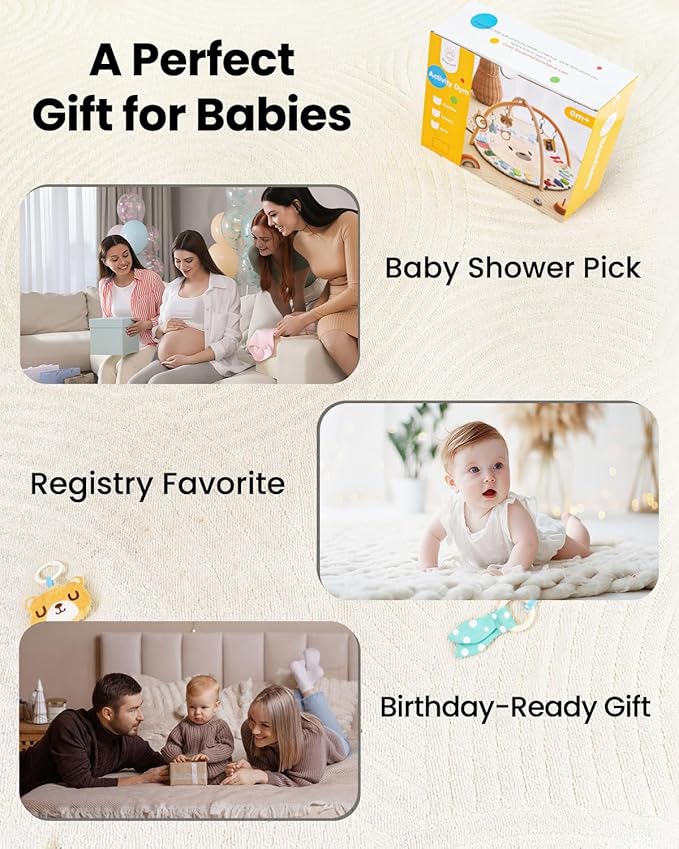 Baby Play Gym, Thickened and Non Slip Activity Mat, 5 Developmental Zones Tummy Time Mat with 5 Detachable Sensory Toys for Motor Skills, Baby Essentials Shower Gift Box(Bear)