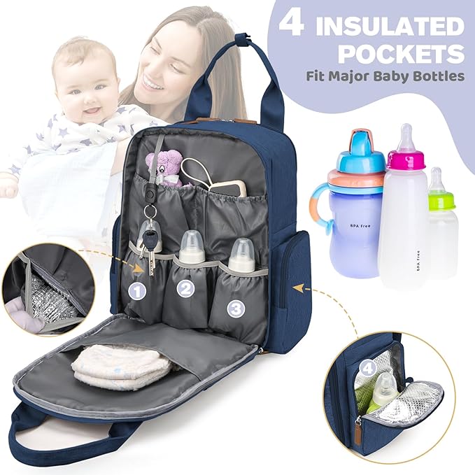Diaper Bag Backpack - Large Diaper Bag with Portable Changing Pad as Baby Shower Gifts, Lightweight Waterproof Unisex Travel Baby Bag with 4 Insulated Pockets and Stroller Buckles, Dark Blue