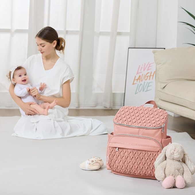 Diaper Bag Backpack, Large Baby Bag for Girl Boy, Travel Diaper Backpack with Insulated Pocket, Cute Diaper Bag Stroller Straps, Baby Shower & Registry Gift for Mom Dad Pink