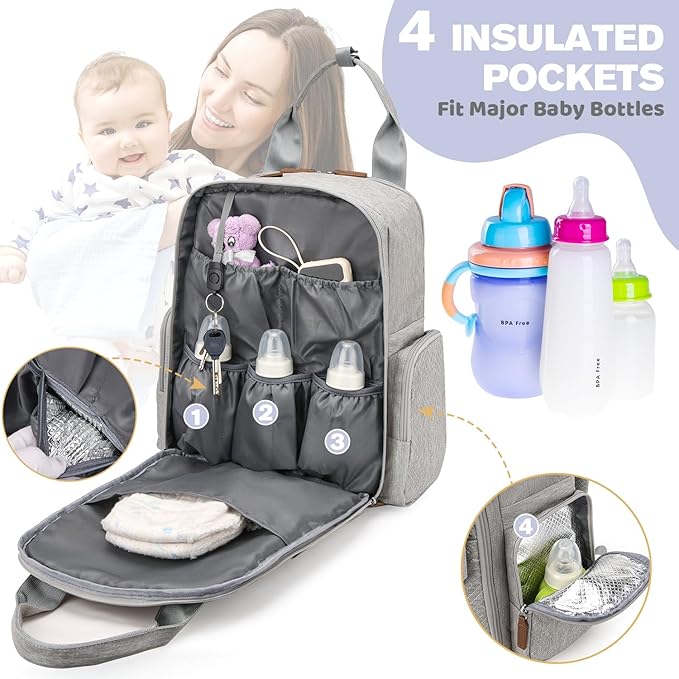 Diaper Bag Backpack - Large Diaper Bag with Portable Changing Pad as Baby Shower Gifts, Lightweight Waterproof Unisex Travel Baby Bag with 4 Insulated Pockets and Stroller Buckles, Light Grey