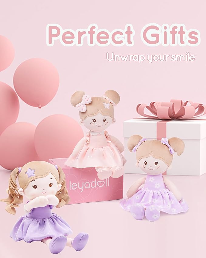 LeyaDoll Soft Baby Doll Toys (16''), My First Baby Rag Doll for 1 Year-Old Girl Birthday Gift, Christmas Plush Toys Gift for Toddler Kids Infants -Starlet Purple