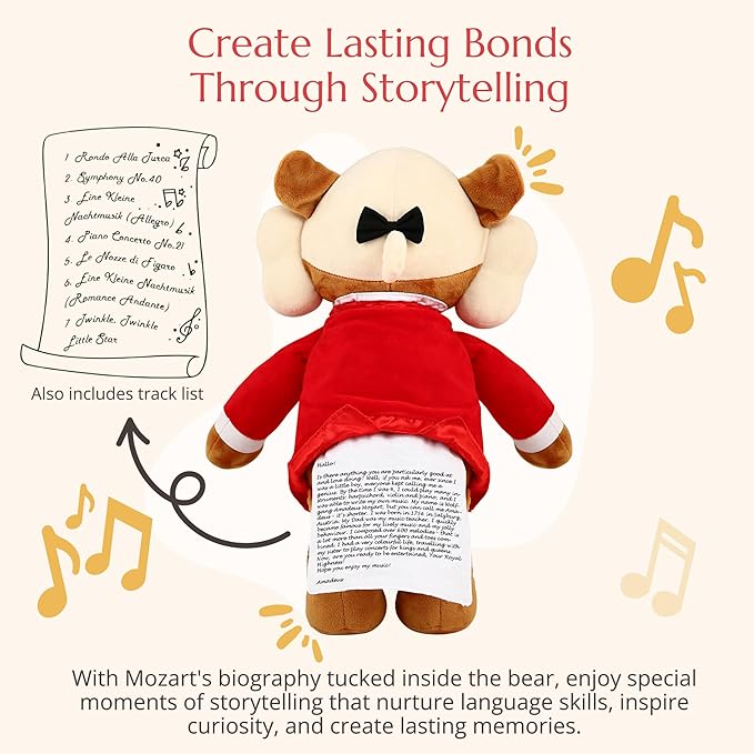 Amadeus Mozart Plush Bear – Plays 40 Mins of Classical Music, Educational & Soothing Interactive Teddy Bear for Babies & Toddlers, Perfect