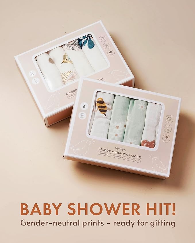 Nightingale Baby Washcloths, Rayon from Bamboo Baby Clothes Organic Wash Cloths with Cotton, Newborn Bath Essentials, Burping Cloths for Babies, Face Towels Reusable 12"x12" (Feather) 6 Pack