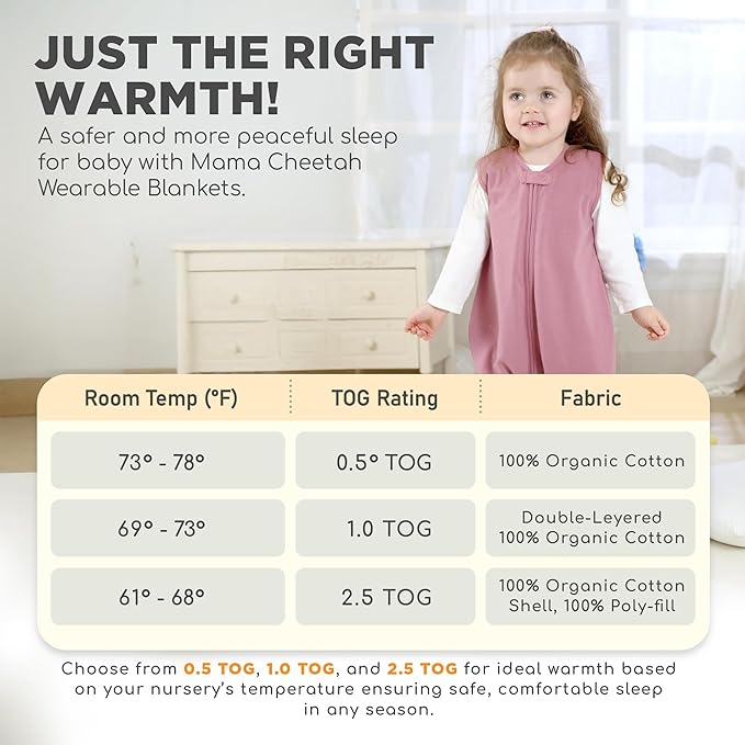 Mama Cheetah Toddler Sleep Sack with Feet 4T-5T, 0.5 TOG Organic Cotton Baby Wearable Blankets with Legs, Baby Sleeping Bag for Walkers, Early Walker X-Large