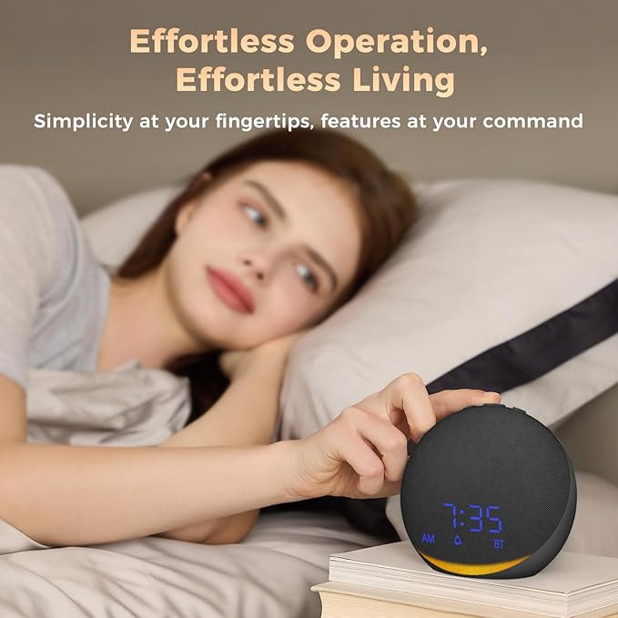 Sound Machine Alarm Clock for Bedroom: 25 Natural Sleep Sounds - White Noise Machine for Adults Kids Baby - Gentle Wake Up Alarm with Bluetooth Speaker - Black