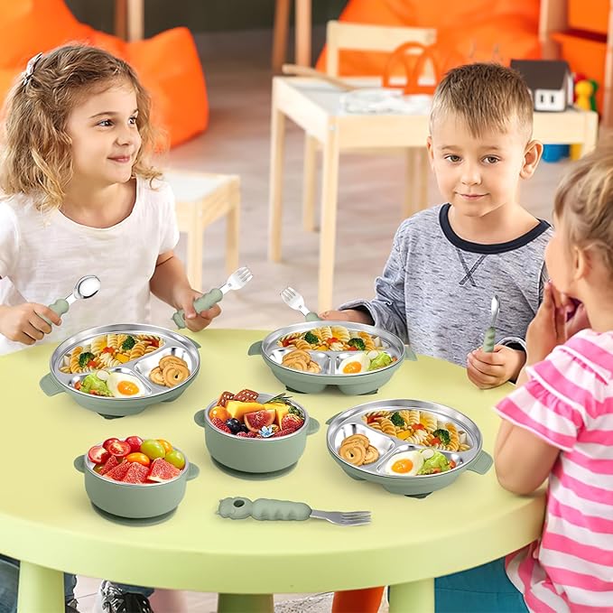 Stainless Steel Baby Plate and Bowl with Suction, Baby Bowl and Divided Kids Toddler Plate with Removable Silicone Shell, Non-Slip Toddler Baby Feeding Set, Forks + Spoons Included-Green
